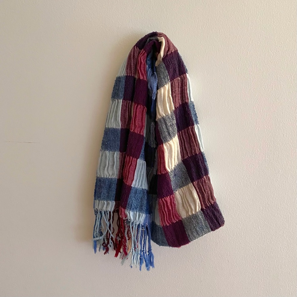 Purple and blue plaid scarf with fringe